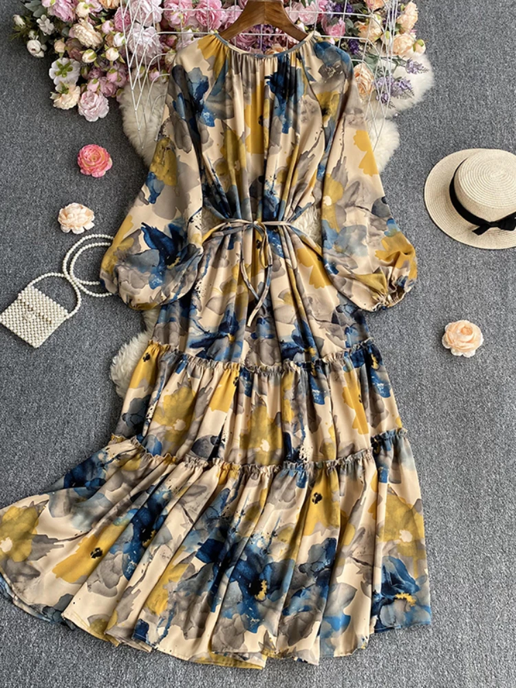 

Elegant Autumn Chiffon Floral Dress Vintage Women Sexy O Neck Flowers Print Lantern Sleeve Female Lace Up Long Vestidos