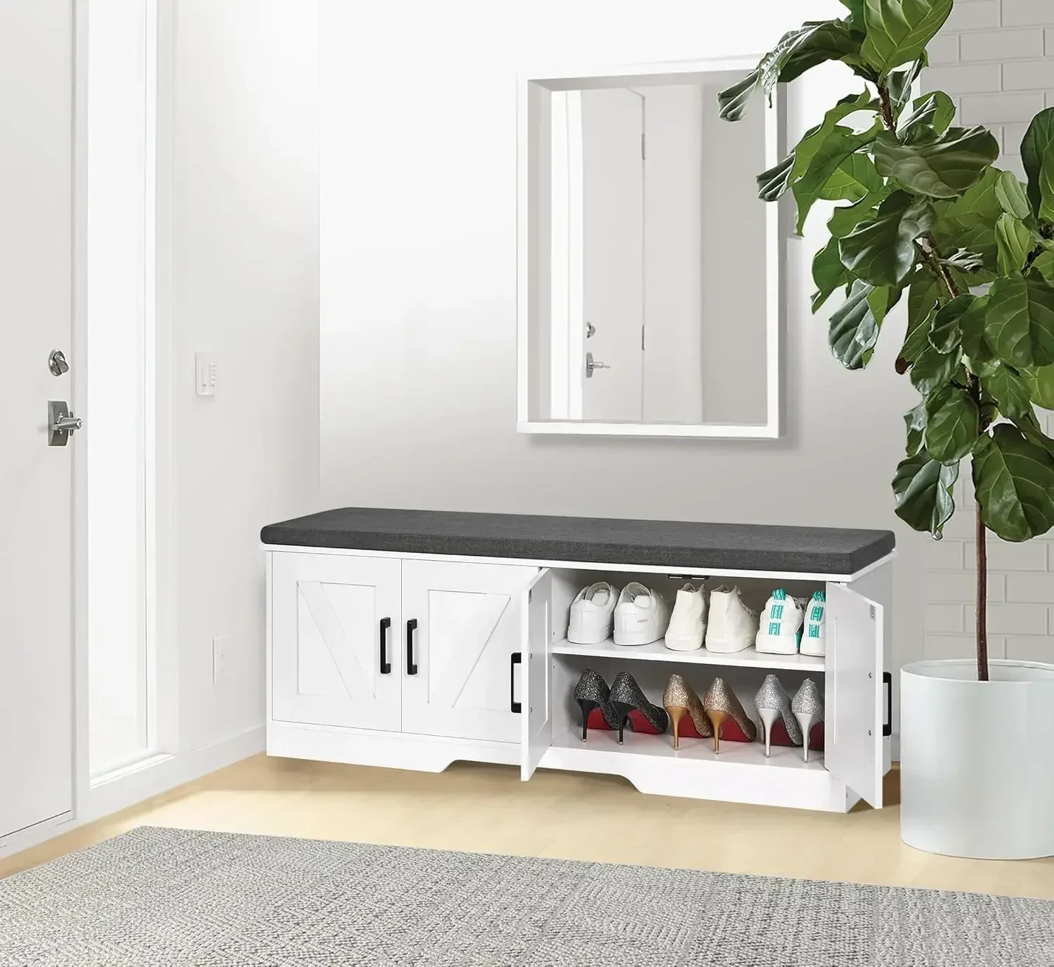New2025-2-Tier Storage Bench, Shoe Bench with Padded Seat Cushion, Entryway Bench with 2 Barn Doors, Adjustable Shelf