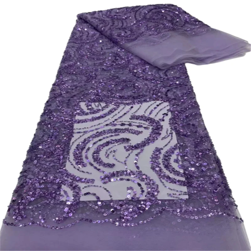 

5 Yards African Lace Fabric Purple Lace Embriodery Mesh Lace With Sequins 3D French Lace Nigeria Net tulle For Party Dress
