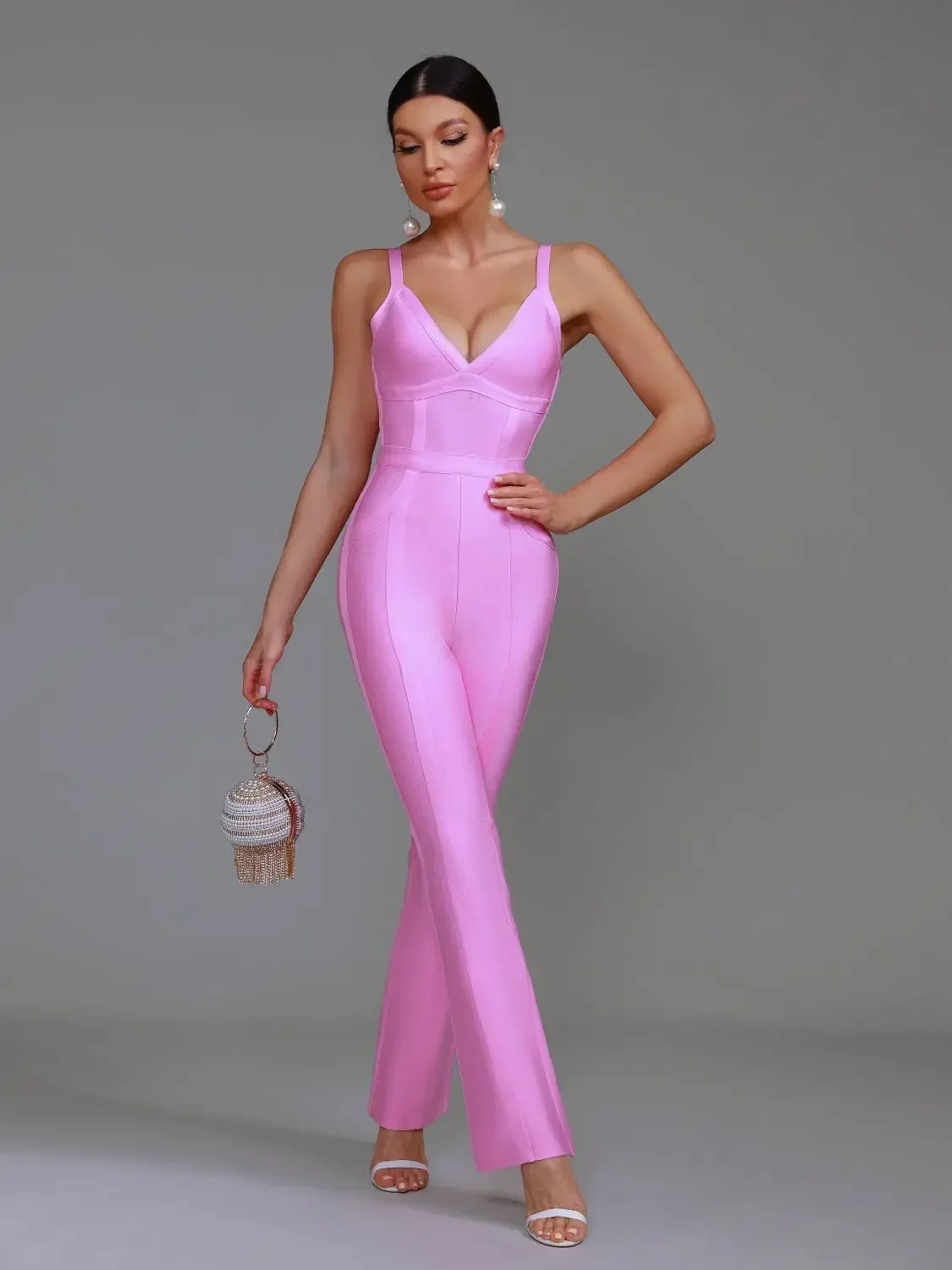 Žebrované růžová obinadlo kombinéza ženy široký noha kombinéza bodycon elegantní sexy narozeniny soumrak večírek klub outfits léto 2023