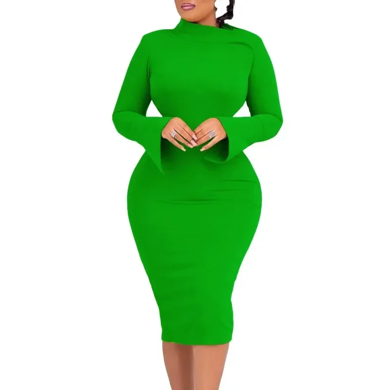 Autumn Elegant African Dresses for Women Long Sleeve Diagonal Collar Yellow Green Red Bodycon Dress Dashiki African Clothing