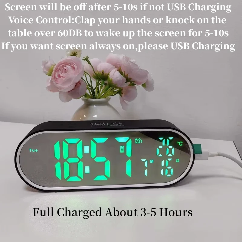 Description Picture 4 of itemDigital Alarm Clock TEMP Date Week 2 Alarms Night Mode Snooze 12/24H Anti-disturb Voice Control Rechargeable LED Mirror Clock