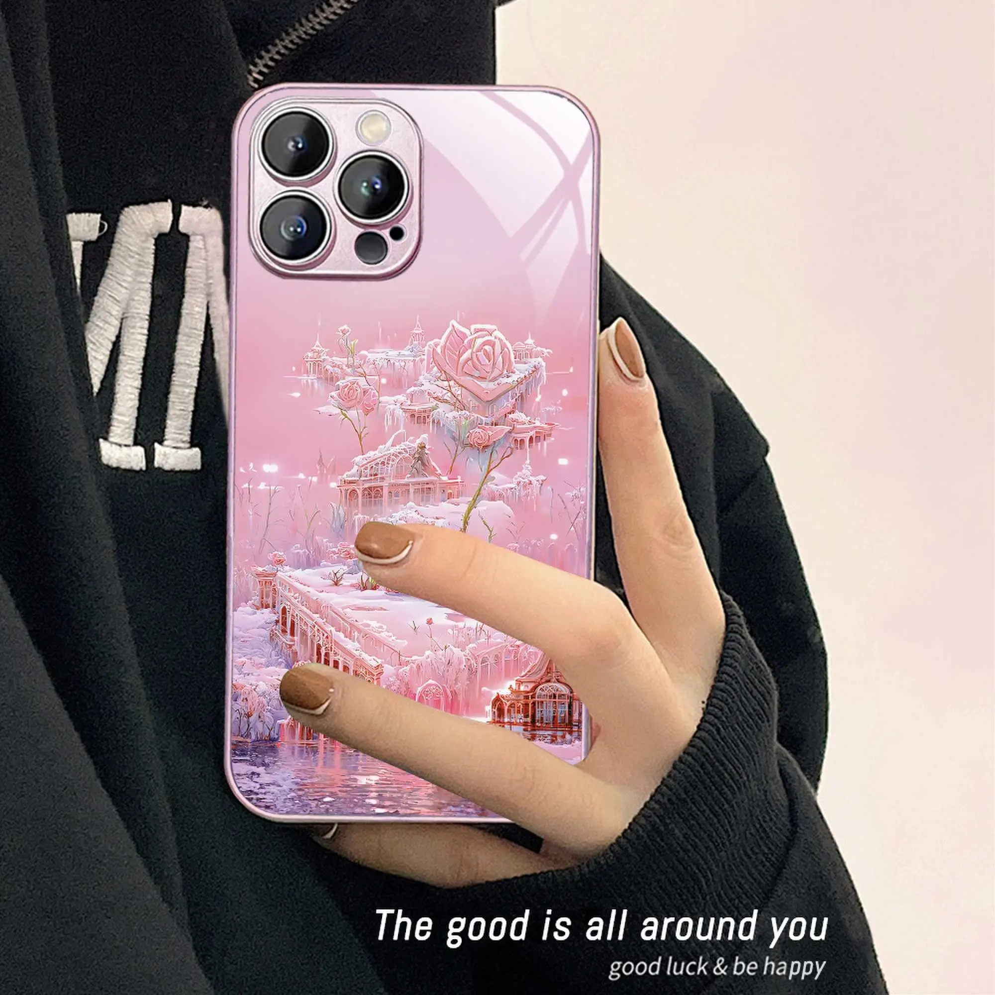 Applicable 15pro phone case iPhone 14plus painting AI rose snow pavilion 13mini glass 12/11 15promax 14promax 13promax 12promax