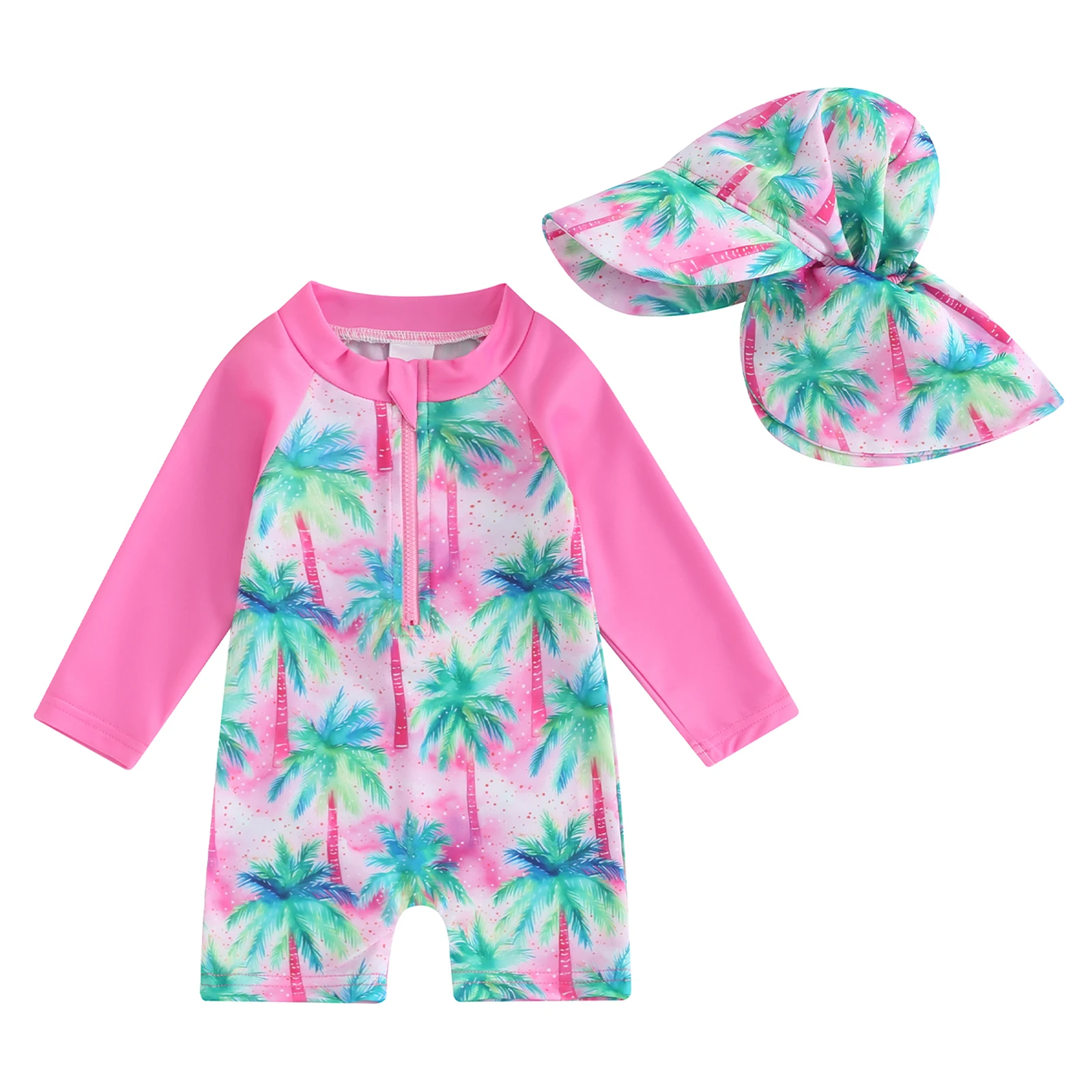 Kids Baby Girls Boys Beach Swimwear Floral/Tropical Tree Print Long Sleeve Zip Up Rompers Swimsuit Bathing Suits with Hat 4