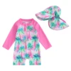 Kids Baby Girls Boys Beach Swimwear Floral/Tropical Tree Print Long Sleeve Zip Up Rompers Swimsuit Bathing Suits with Hat 4