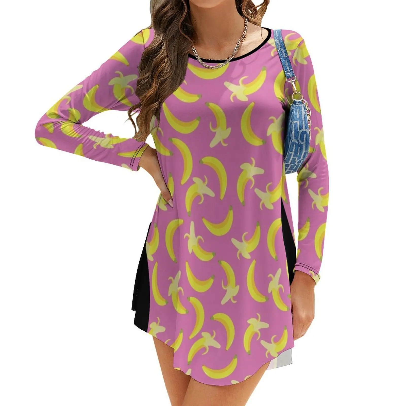 

Yellow Banana Pattern on Pink Background Long-Sleeve Dress womens dress elegant women's sets