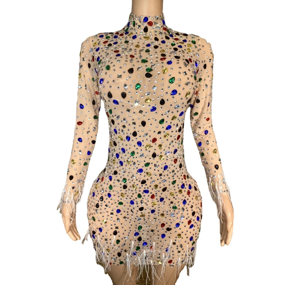 

Sparkly Rhinestones Sexy Mesh See Through Short Feather Dress Women Prom Party Evening Celebrate Birthday Dress Show Stage Wear