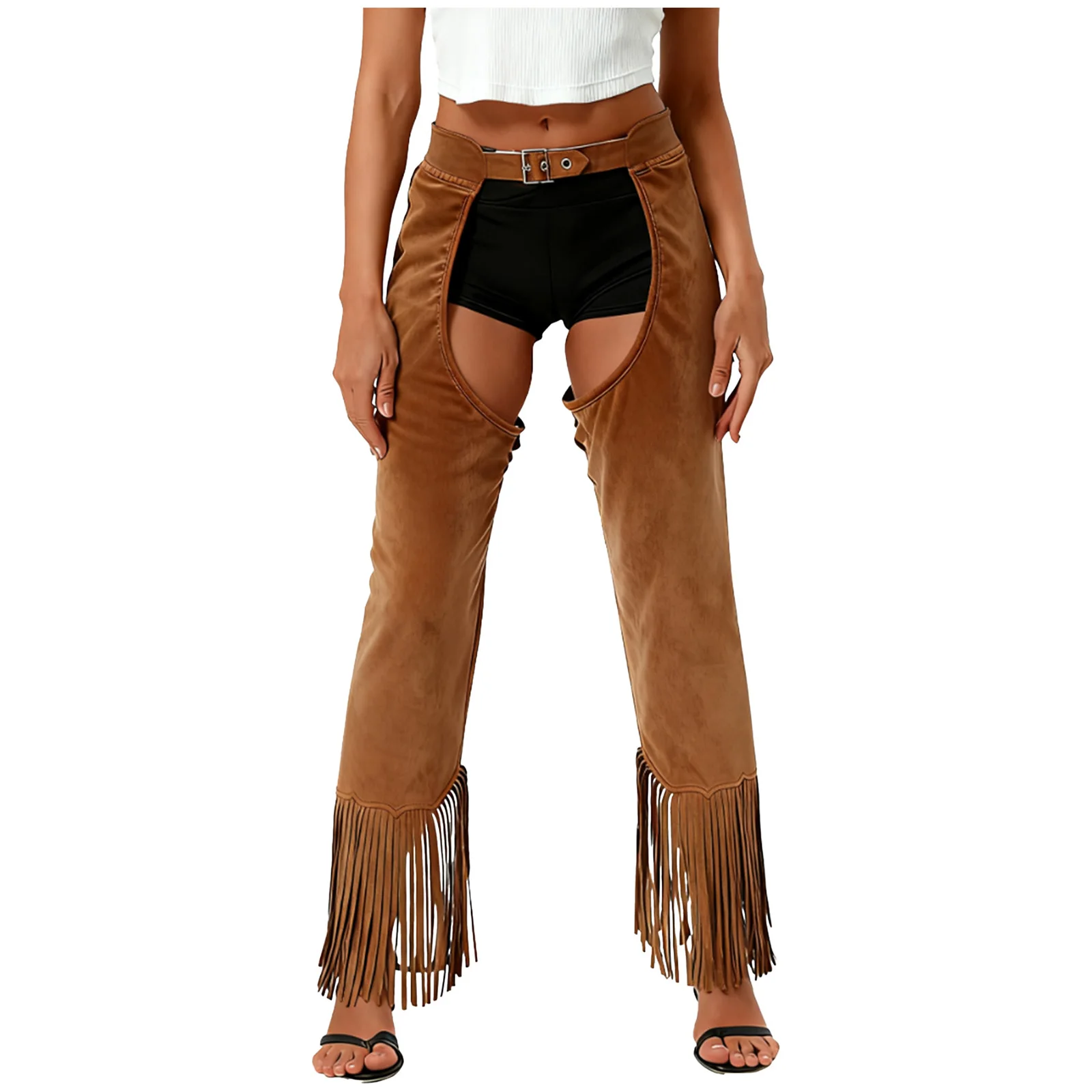Women Brown Fringe Suede Cowgirl Hippies Briefs Cover Chaps Pants Crotchless Tassel Halloween Party Cowgirl Cosplay Trousers