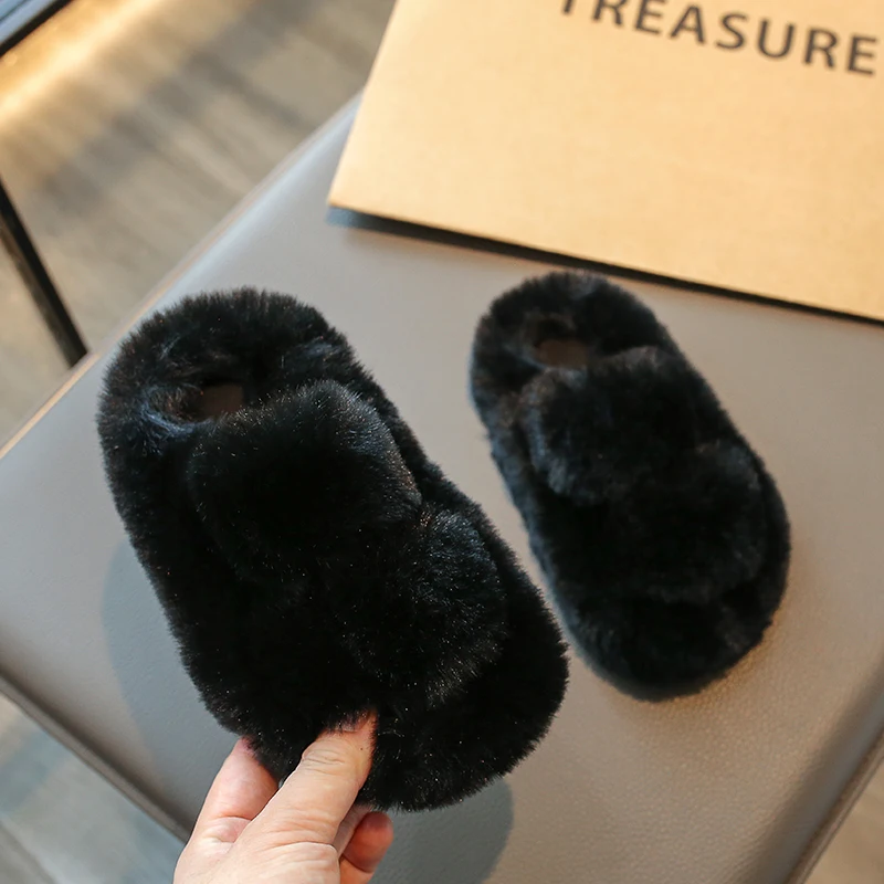 New Children Plush Shoes for Girls Korean Style Thick Sole Parent-child Plush Slippers Korean Style Versatile Cute Princess Flat 6