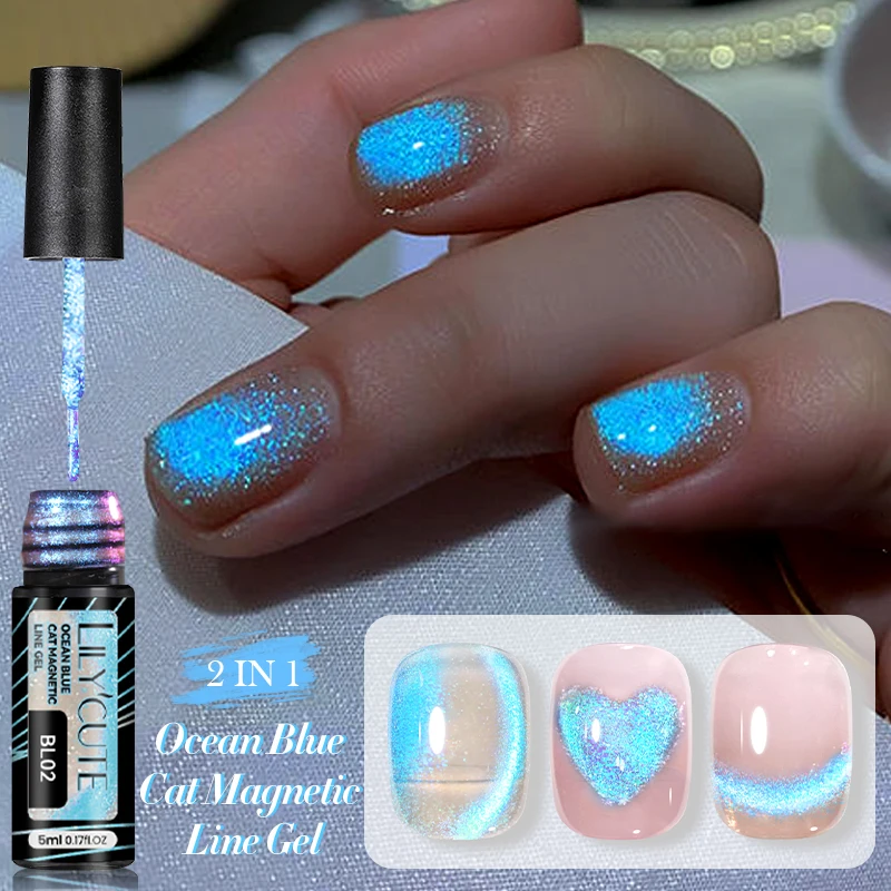 LILYCUTE 5ML Aurora Ocean Blue Liner Gel Polish Nail Art Sparkling Painting Cat Magnetic Gel Semi Permanent UV Gel French Nails