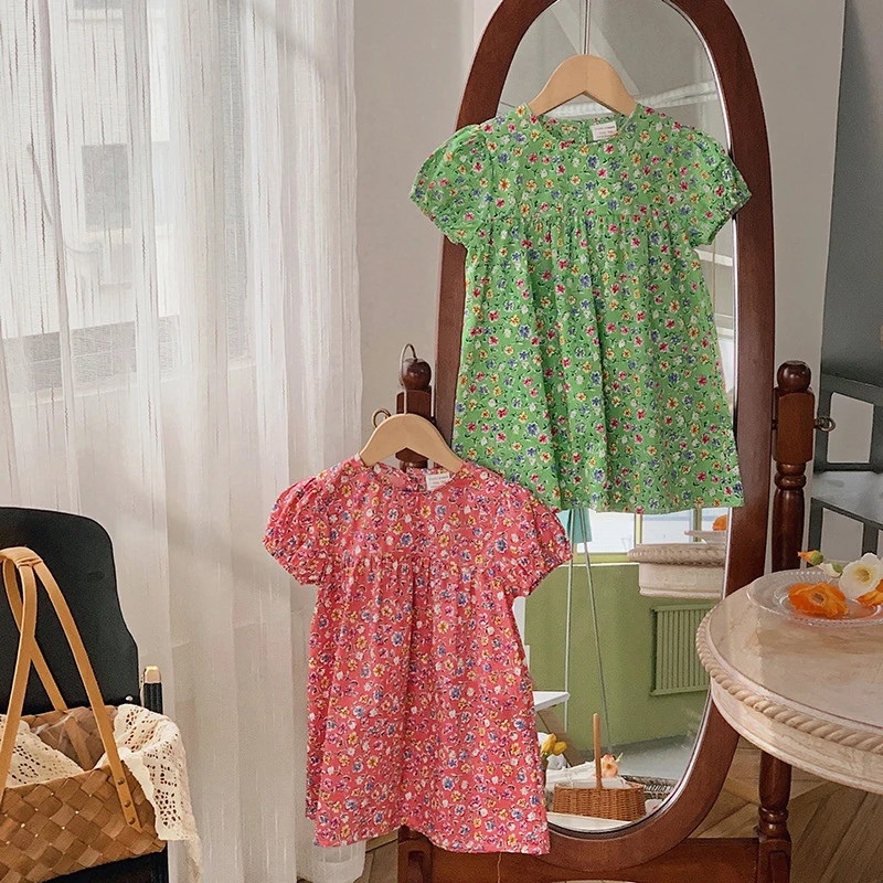 

Summer Children Girls Clothing Small Floral Bubble Sleeved Girls Dress New Short Sleeved Baby Girl Princess Dress