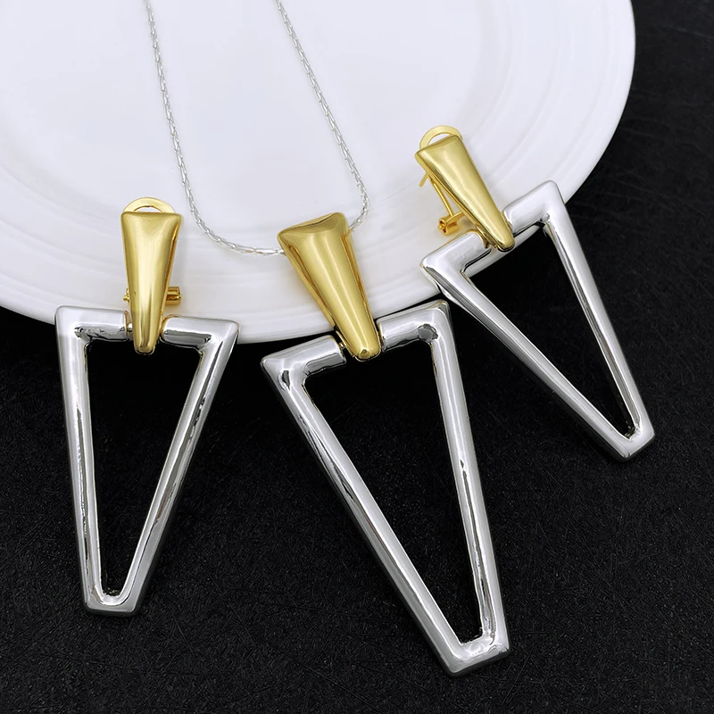 Two Tone Triangle Pendant Necklace And Earrings Women Jewelry Fashion ...