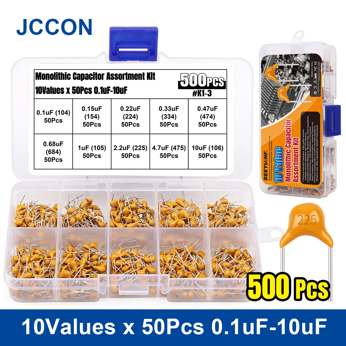 

Набор керамических конденсаторов JCCON 500 мкФ ф-10 мкФ Ф 0,1 мкФ 2,2 мкФ, набор керамических конденсаторов 10 значений x 50 шт.