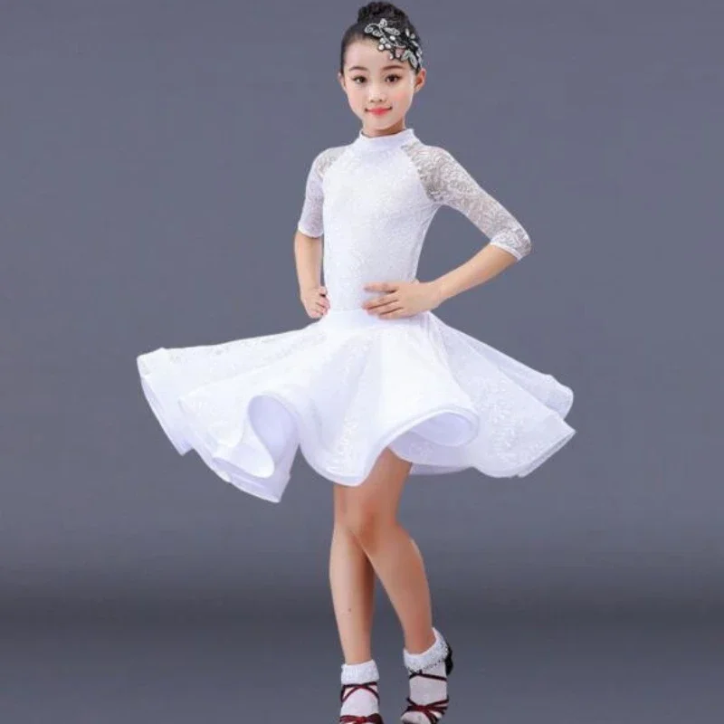 Dance Dress children Ballroom Salsa Tango lace dress Girl long sleeve Latin Dance dress