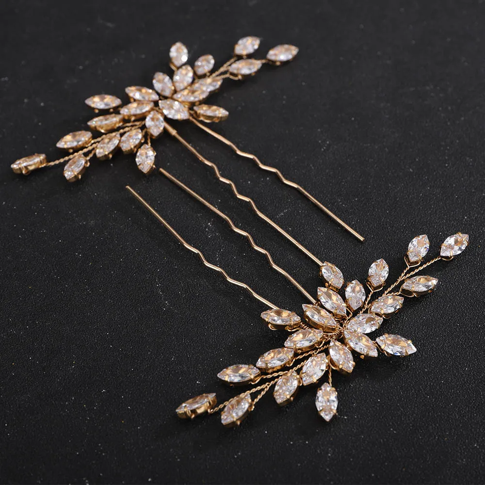 2PCS Wedding Zircon Hair Pins Silver Bridal Bride Hair Accessories for Women Handmade Bridesmaid Piece Tiaras Gold Tiaras