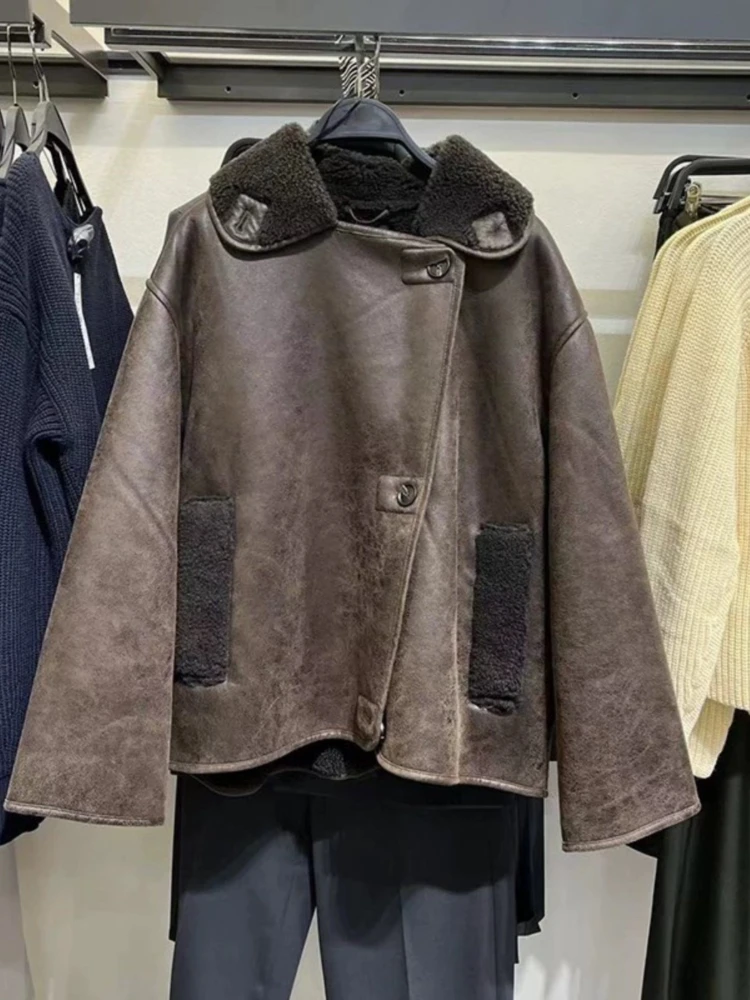 

FTLZZ New Autumn Winter Women High Street Thick Warm Suede Wool Coat Lady Vintage Single Breasted Faux Leather Lamb Fur Jacket