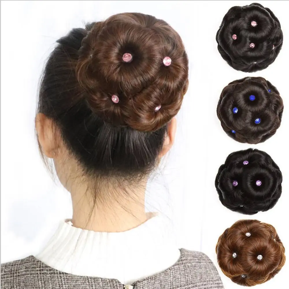

Fake Hair Nine flowers Chignon Vintage Brown Scrunchie Curly Chignon Donut Bun Natural Crystal Synthetic Bun Bride