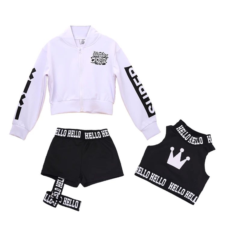Children Hip Hop Dance Costumes Kids Street Dance Clothing White Jacket Black Vest Shorts Girls Dancewear Stage Outfit DN1740