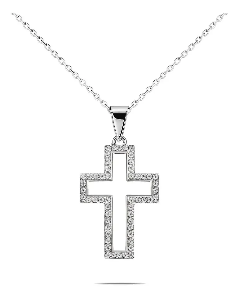 Collar De Silueta De Cruz Con Zirconias, Unisex De Plata 925