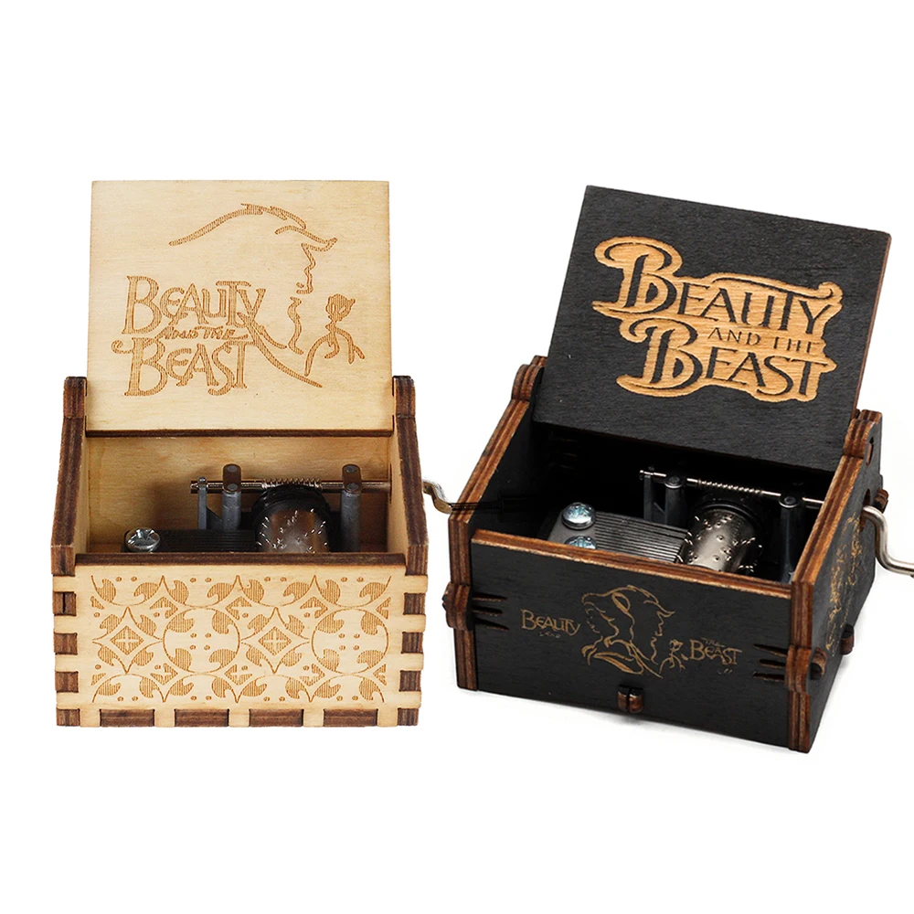Wooden Music Box Frozen Beauty and Beast Hand Cranked Home Decoration Carved Musical Box