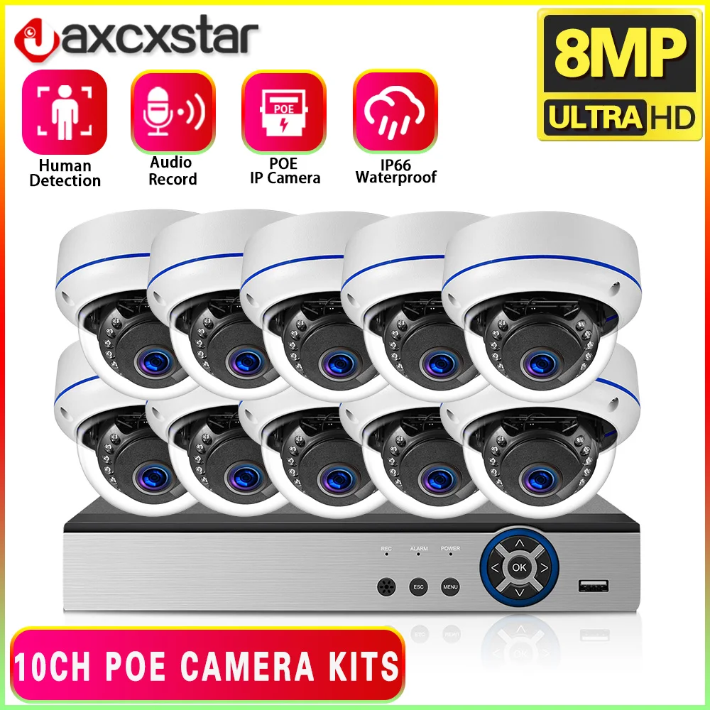 

4K POE Dome Camera Video Surveillance System Kit 8CH Outdoor Waterproof IP Security Camera System Set Home 8MP 10CH POE NVR Kit