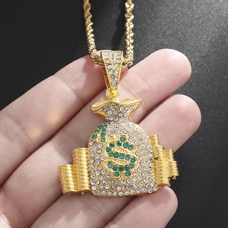 Money Bag Pendant Necklace With Rope Chain Gold Color Hip Hop Punk