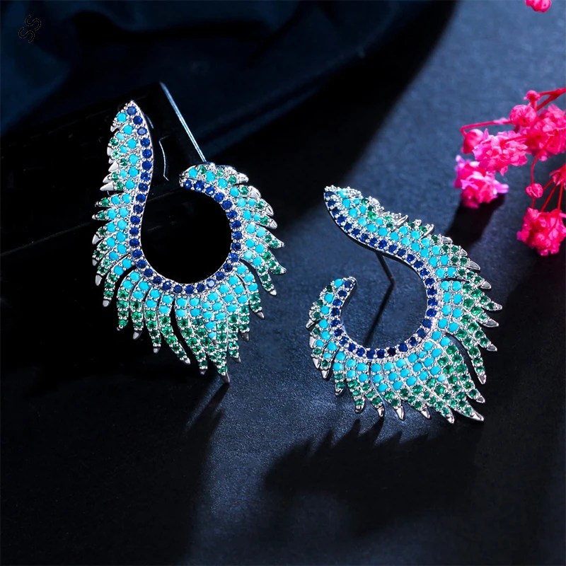 

S925 Silver Needle/Pin Light Luxury Bohemian Ethnic Wind Earrings Micro-inset Zircon Feather Shaped Creative Design Copper Metal