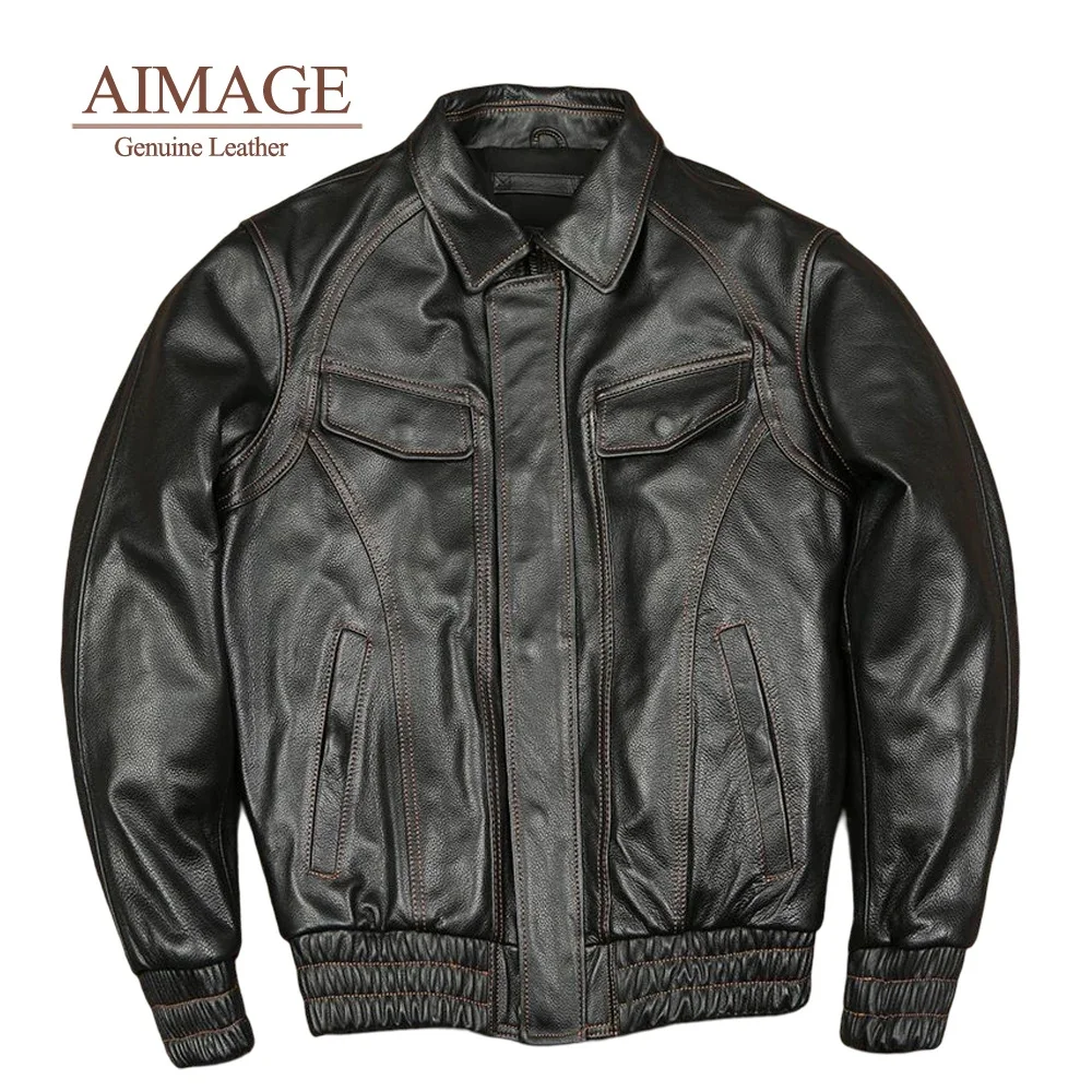 

Men Genuine Leather Jackets Turn Collar Male Moto Coat Pockets Riding Clothes Elastic Natural Calfskin Roupas Maculinas PY421
