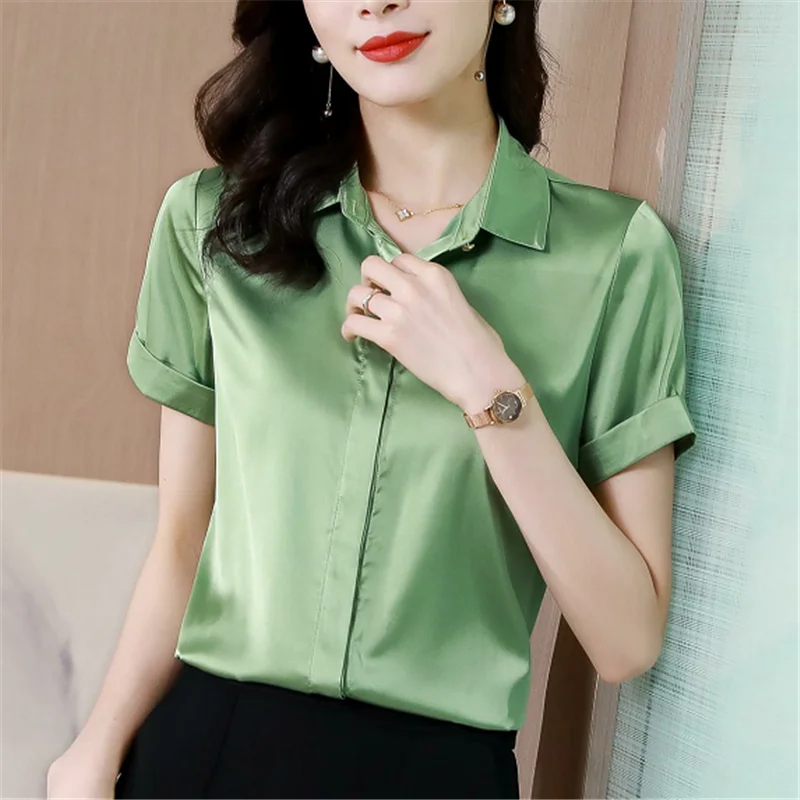 Women's Shirt Solid Button Blouse for Women Satin Office Lady Short Sleeve Shirts Green Polo Neck Blouse Spring Woman Shirt босоножки на плетеной танкетке с пряжкой и ремешком alyssa woman us polo