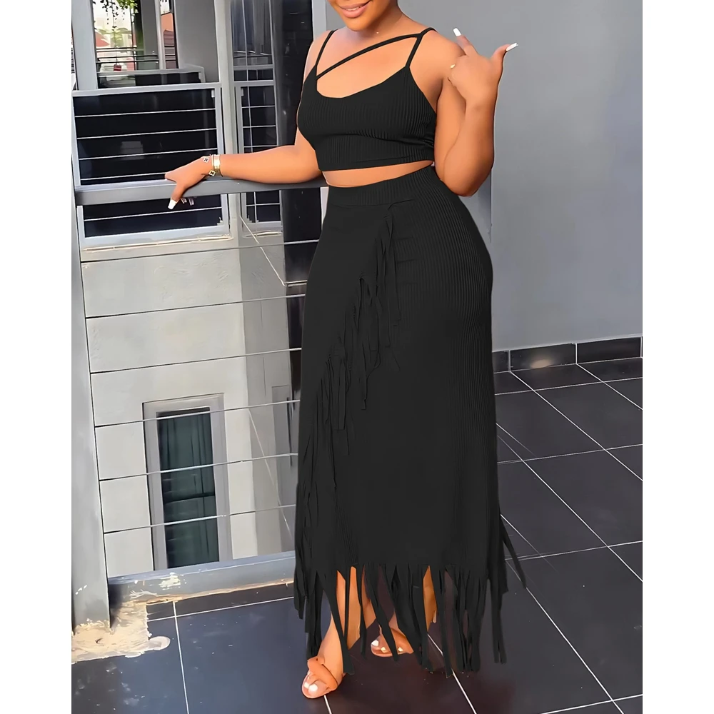 Summer Women Sexy Spaghetti Strap Top & Tassel Decr Long Skirt Set Ribbed Vacation Two Piece Dress Set Casual Beach Steetwear