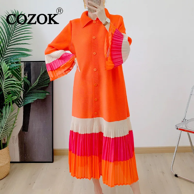 

COZOK Contrasting Color Pleated Women Dress 2024 Spring New All-match Casual Flounced Edge Long Sleeve Lapel Dresses WT804