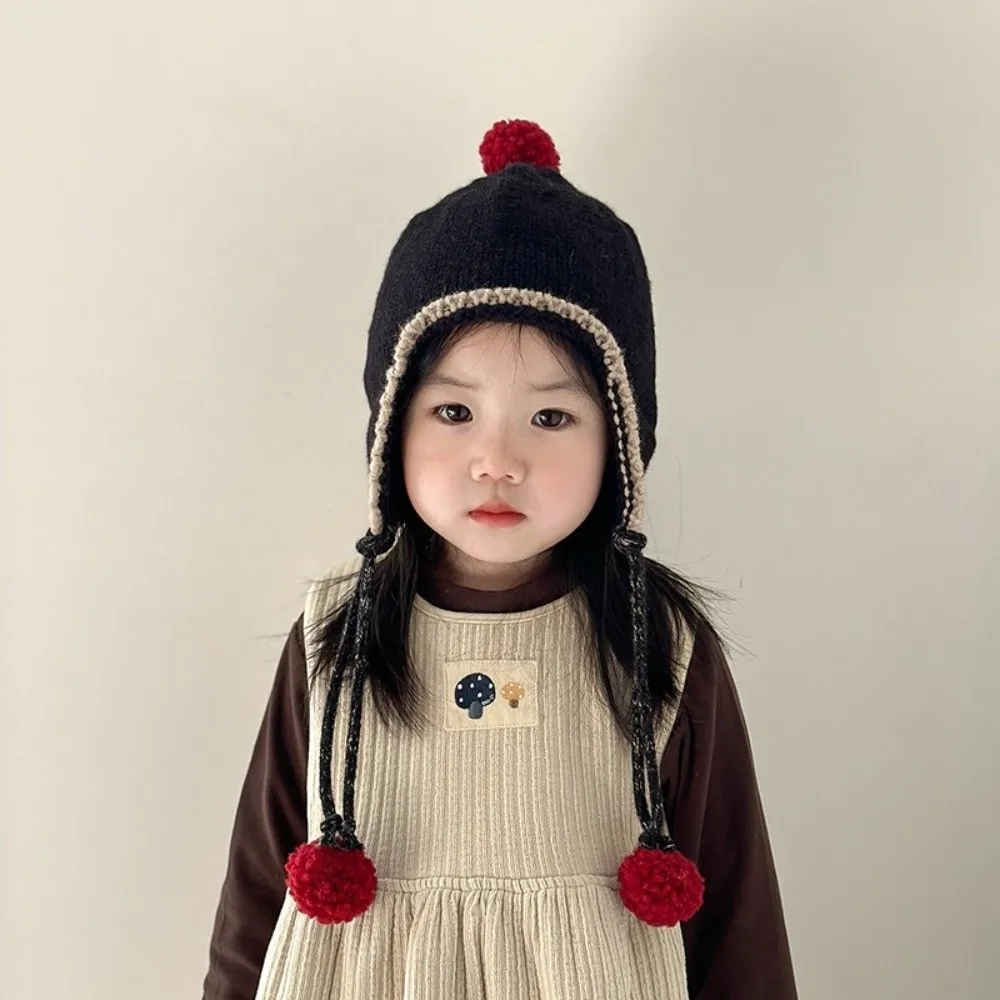 Korean Winter Baby Knitted Cap Tassel Bobbles Baby Beanie Cap Warm Thick Ear Protection Hat Kids