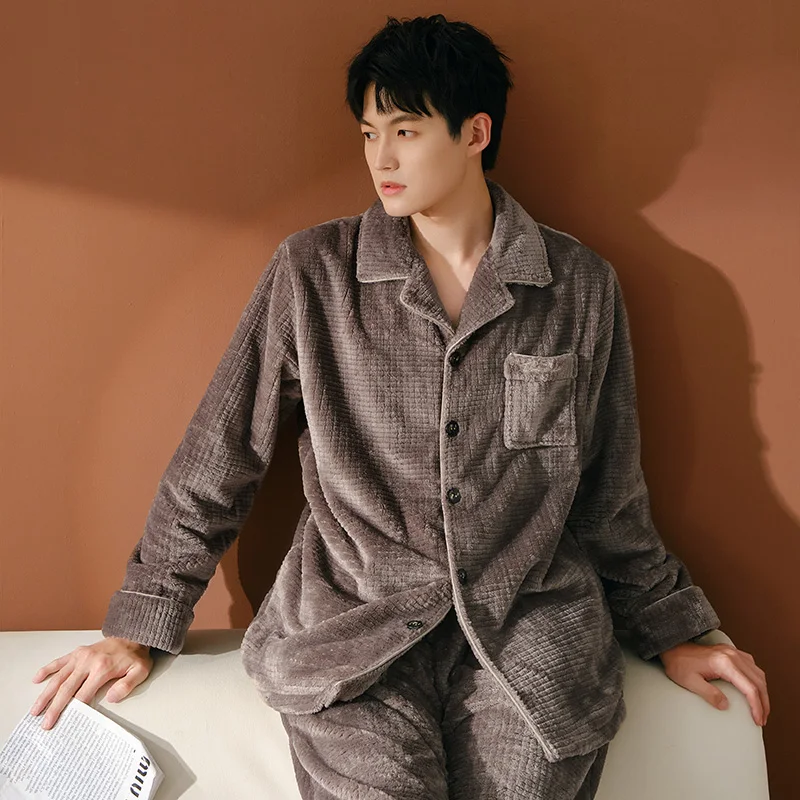 겨울 파자마 남성용 두꺼운 산호 플리스 파자마 세트 따뜻한 잠옷 플란넬 남성용 파자마 세트 캐주얼 홈웨어 파자마 옴므 3XL