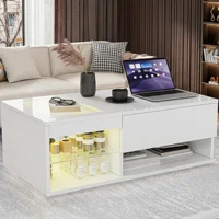 Table basse extensible Comanlai avec éclairage LED, table de salon brillante avec 2 étagères en verre, avec étagères ouvertes et rangement, rétractable, pour salon 3
