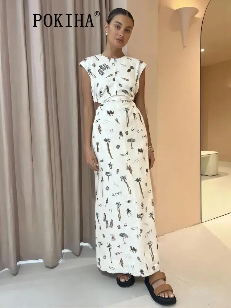 

CIL Vest Maxi Dress Women Fashion Slim Expose Waist Print Hollow Out Female Long Dress Sexy 2024 New Casual Elegant Clothes