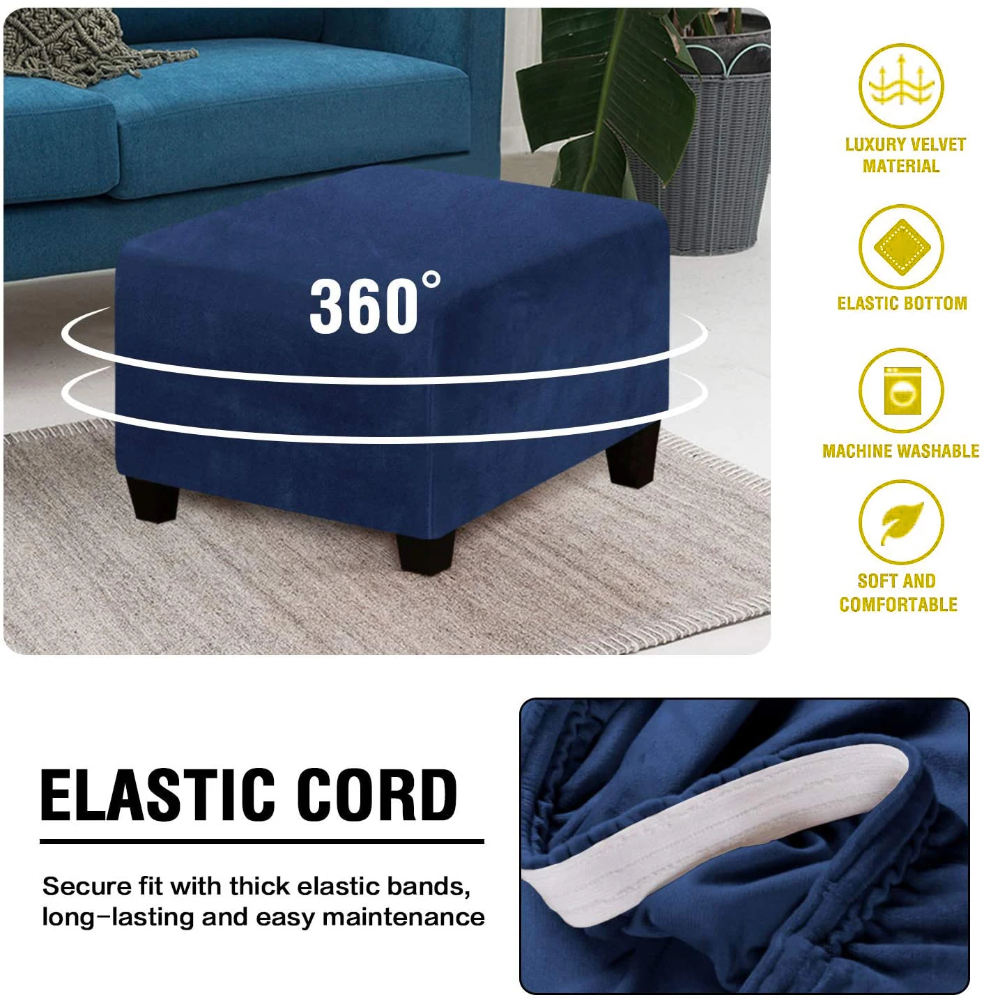 Juste de tabouret bas élastique carrée tout compris, renard argenté, velours solide, document lavable, botte anti-poussière parfaite