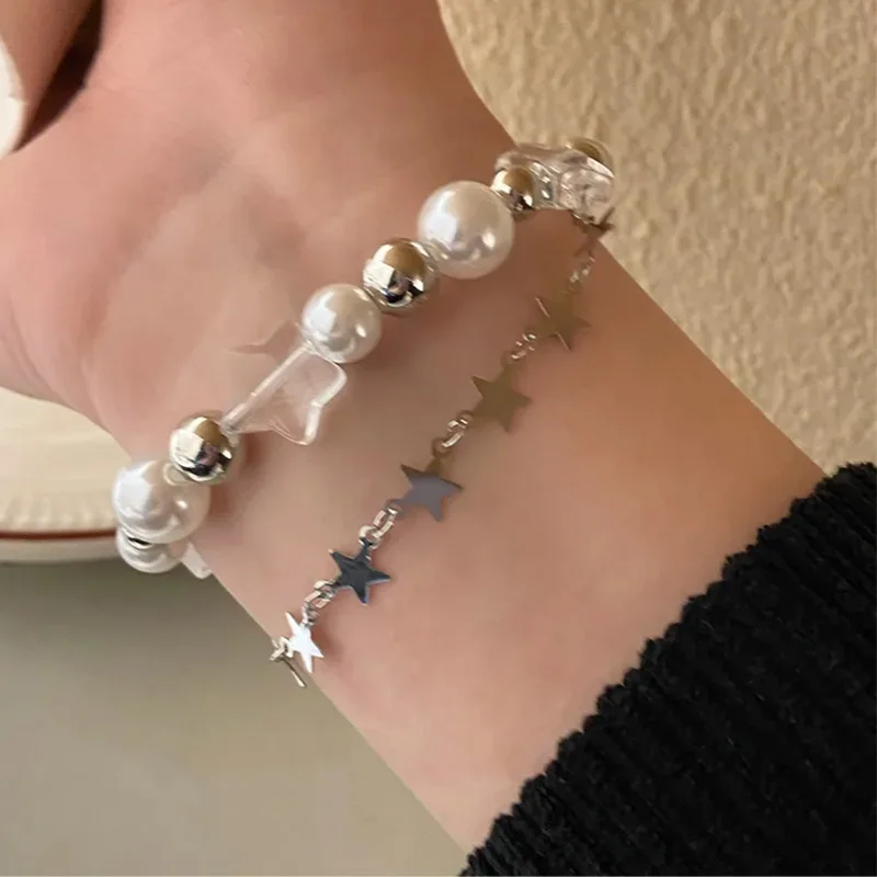 Harajuku Crystal Star Pentagram Pearl Beaded Bracelet for