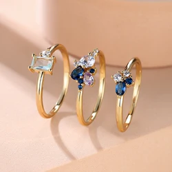 Luxury Royal Blue Zircon Triple Ring Set with Rose Gold Stacking Bands - 5 (Gold Color)