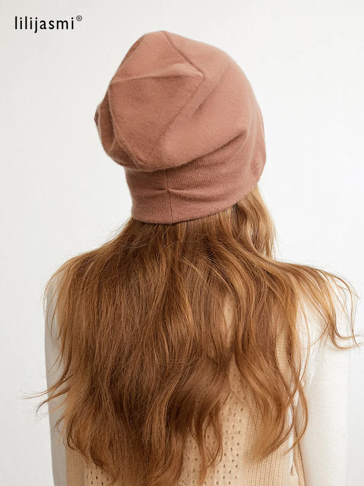 100% Cashmere Caps Simple Solid Hat Double Layers Soft Knit Hat Beanies Fall Winter Spring Warm Caps Skullies Women Bonnet Pure 2