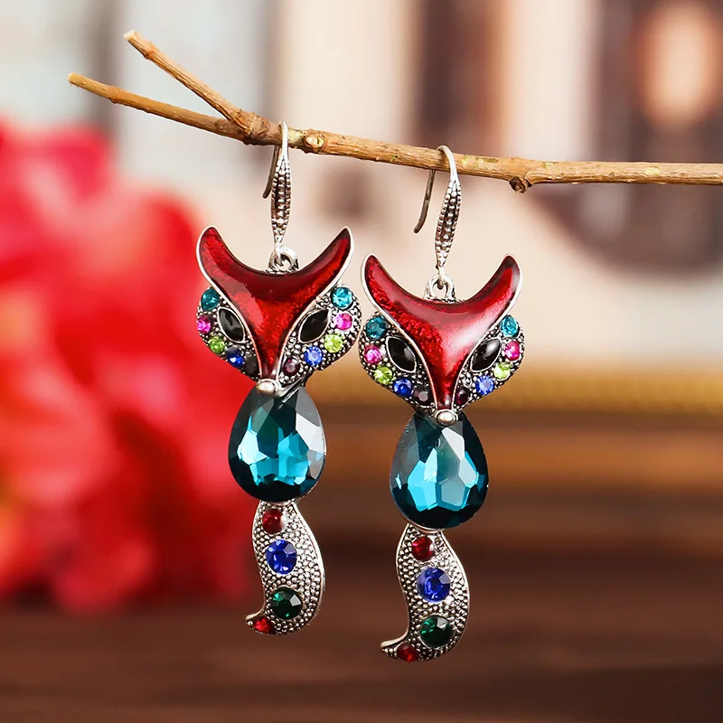 Punk Gothic Vintage Silver Color Fox Earrings for Women Fashion Long Exaggerated Crystal Rhinestone Animal Earrings Jewelry