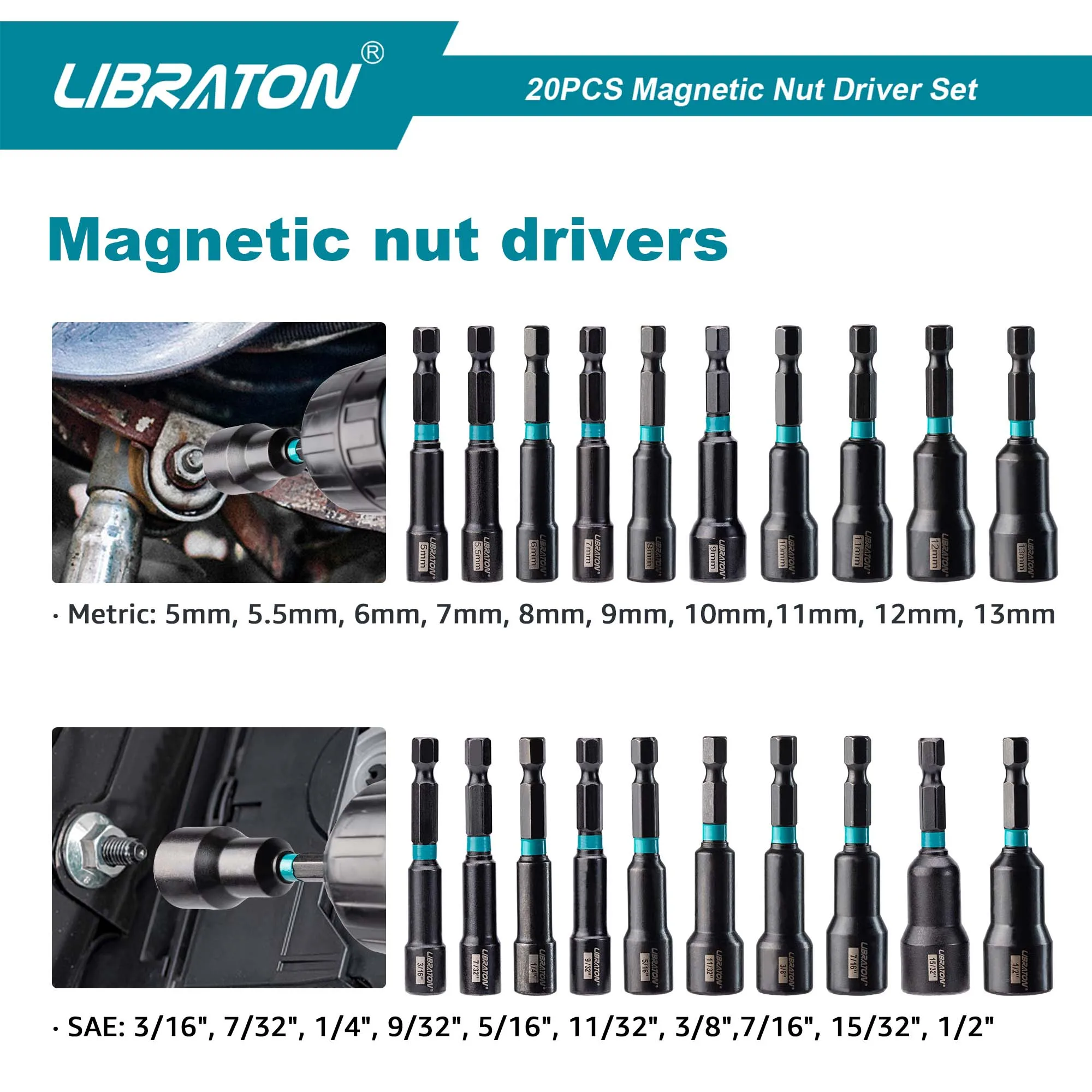 Libraton Magnetic Nut Driver, 20PCS Impact Drill Driver Bit Set 1/4" Metric 5-13mm & SAE Nut Driver 3/16''-1/2'' 2