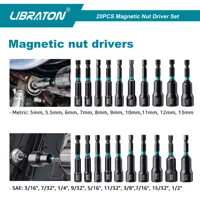 Libraton Magnetic Nut Driver, 20PCS Impact Drill Driver Bit Set 1/4" Metric 5-13mm & SAE Nut Driver 3/16''-1/2'' 2