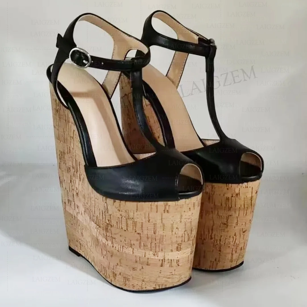 

SEIIHEM Women Sandals 20CM High Heels Platform Peep Toe Wedges Straps T Straps Ladies Faux Leathe Shoes Woman Plus Size 42 44 48