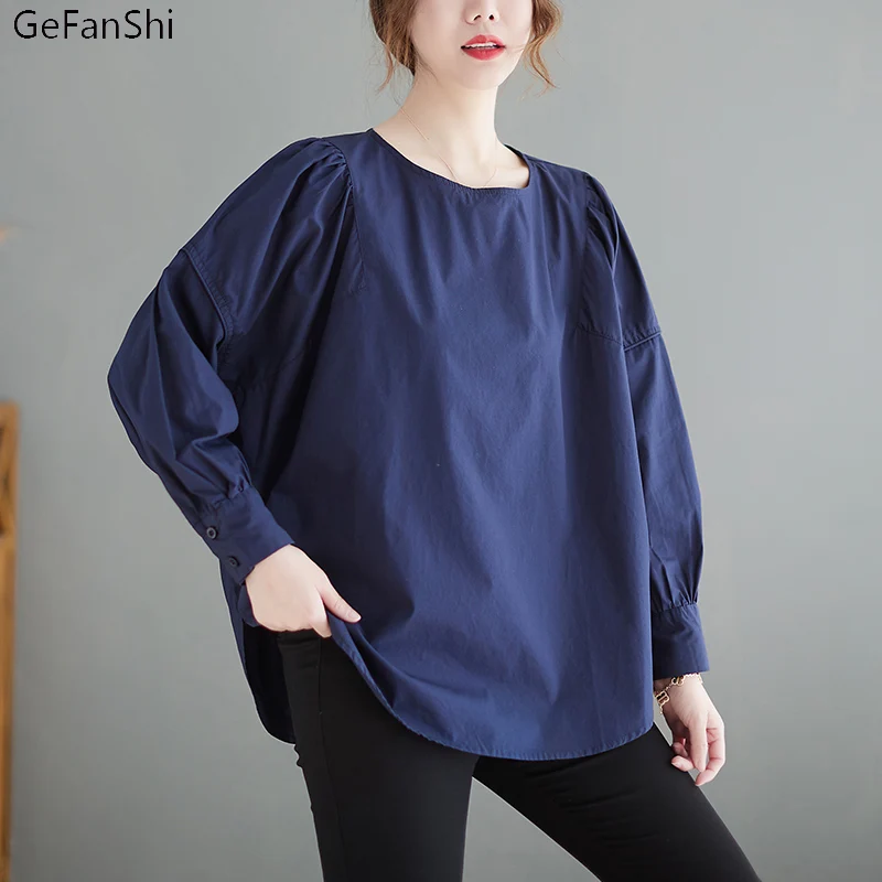 

Рубашка женская однотонная с круглым вырезом, модная повседневная Свободная блузка с длинным рукавом, топ, офисная одежда, весна-лето