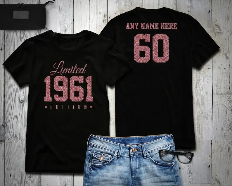 

1961 Rose Gold Glitter Limited Edition Birthday T-Shirt 60th Custom Name Celebration Gift mens womens ladies Shir Personalized