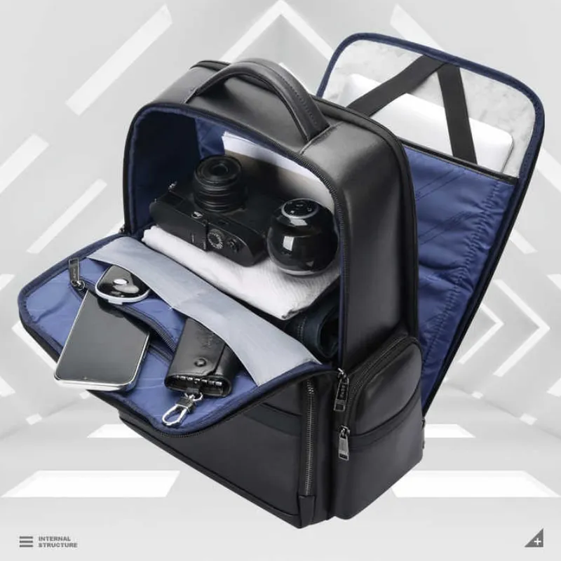 BOPAI Wholesale Bopaihandmade Debossed Traveler Men 15.6 Inch Laptop Cowhide Impermeavel Charging Business Backpack Multi-pocket 5