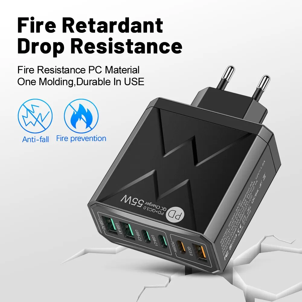 6 in 1 55W PD USB Schnellladung Quick Charge 3.0 Reiseladegerät für iPhone Samsung Huawei Xiaomi Handy_voghion.com