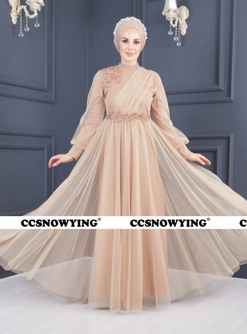 

Champagne Long Sleeve Muslim Evening Dresses Islamic Tulle Appliques Hijab Formal Party Gowns Women Arabic Dubai Robes De Soirée