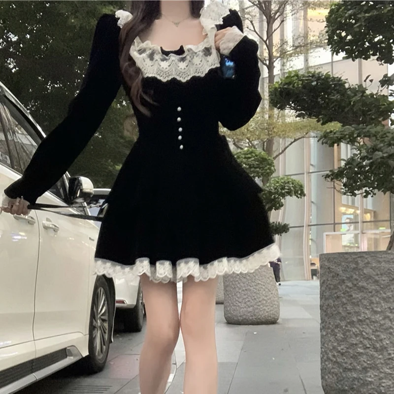 Vestido Y2K para mujer, ropa estética, con encaje, escote redondo, manga larga, corte A, minivestido de terciopelo, vestidos de fiesta, ropa de calle