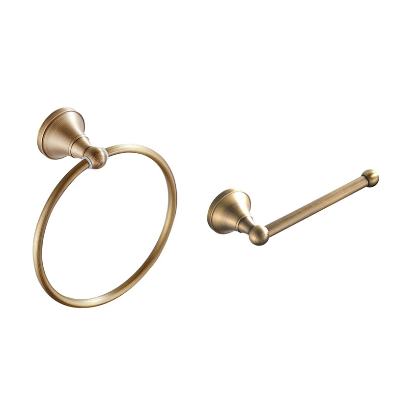 2Pcs Antique Gold Brass Towel Holder Bathroom Wall Mounted Round Towel Rings Towel Rack Paper Towel Holder Bathroom Set